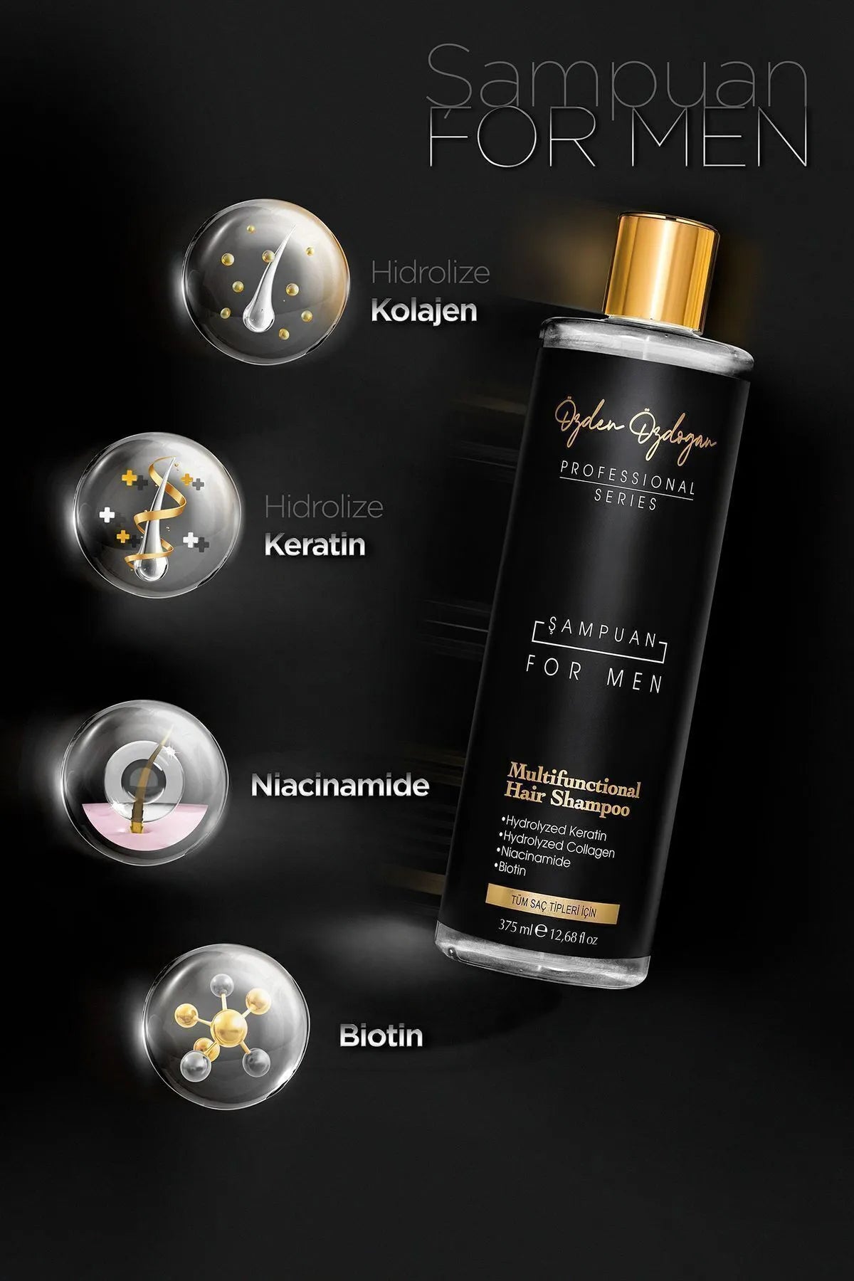 OZDEN OZDOGAN - Profesional Series - Versterkende Herenshampoo tegen Haaruitval en Roos : Met Keratine, Collageen en Biotine voor Natuurlijk Volume Snelle Groei en Voedend - 375 ml care complex